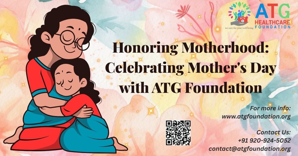 Heartwarming illustration of a mother and daughter embracing against a watercolor floral background, celebrating Mother’s Day with ATG Foundation’s message of honoring motherhood.