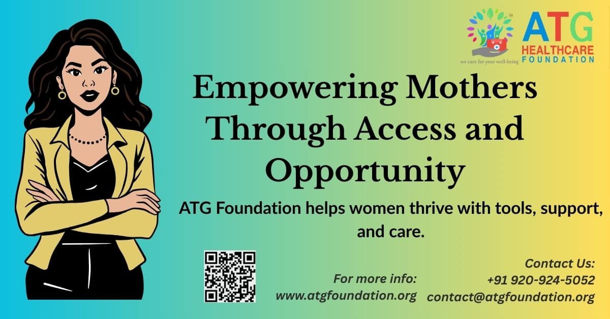 Illustration of a confident professional woman with a green-blue gradient background, promoting ATG Foundation’s message about empowering mothers through access, opportunity, and support.