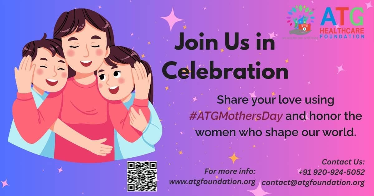 Illustration of a smiling mother hugging her two children with a purple-pink gradient background, promoting ATG Foundation's Mother's Day campaign with hashtag #ATGMothersDay.