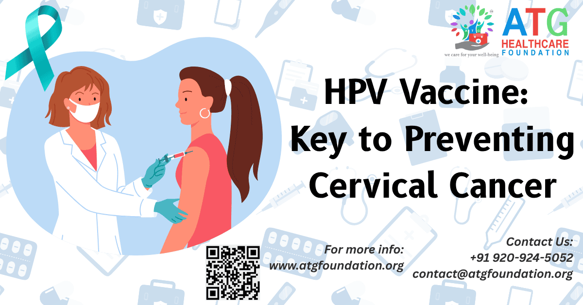 Illustration of a woman receiving the HPV vaccine from a healthcare professional, with a teal awareness ribbon and message promoting cervical cancer prevention.