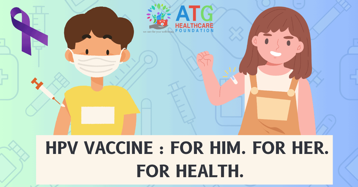 Illustration of a boy and girl after receiving the HPV vaccine, highlighting the importance of vaccination for both genders with a purple ribbon.