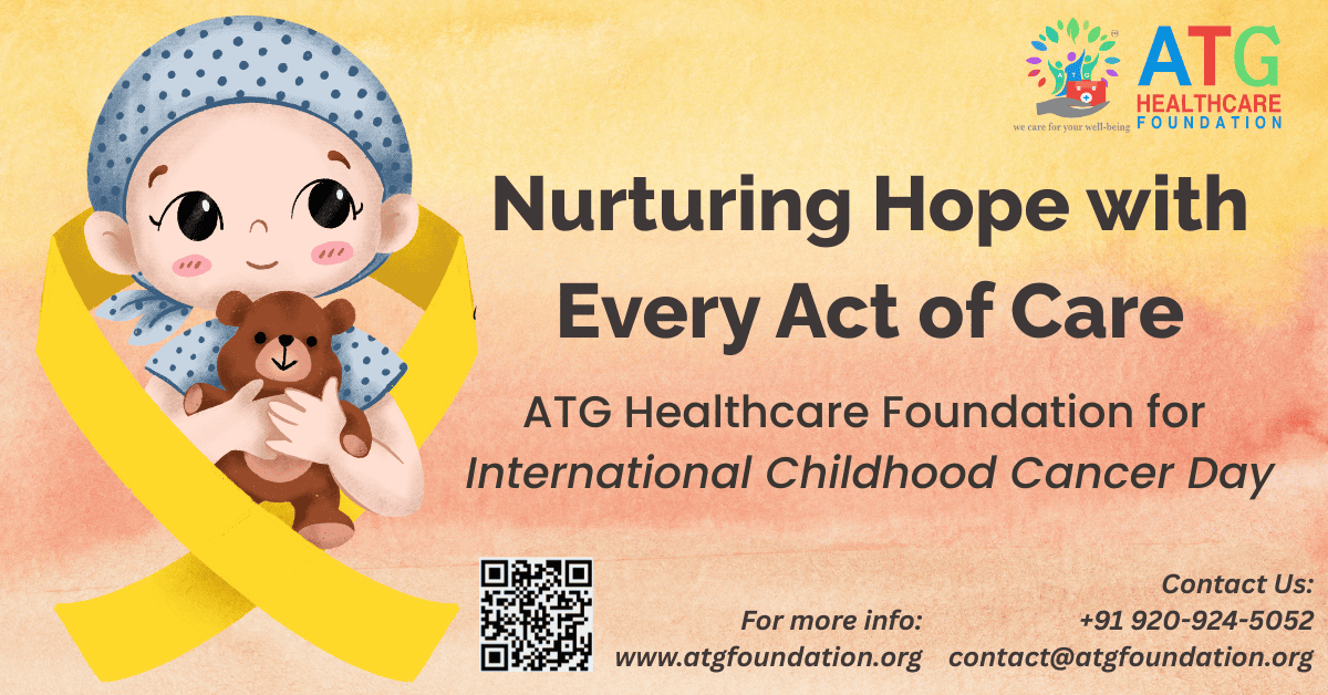 Child with cancer holding a teddy bear wrapped in a yellow ribbon for International Childhood Cancer Day by ATG Healthcare Foundation.
