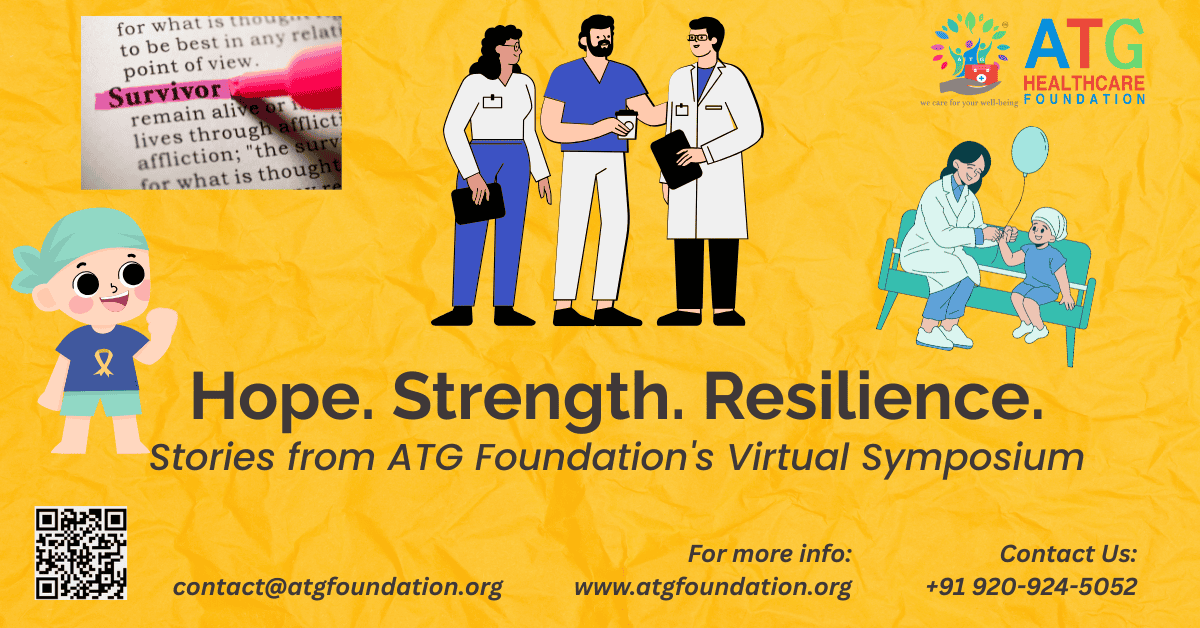 Illustrated doctors and childhood cancer survivor representing ATG Foundation's Virtual Symposium with the message of hope and resilience.