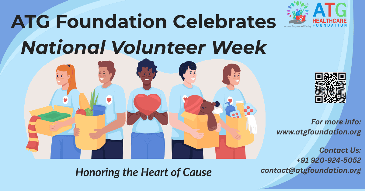Illustration of diverse volunteers holding boxes with donations, celebrating National Volunteer Week with ATG Foundation.