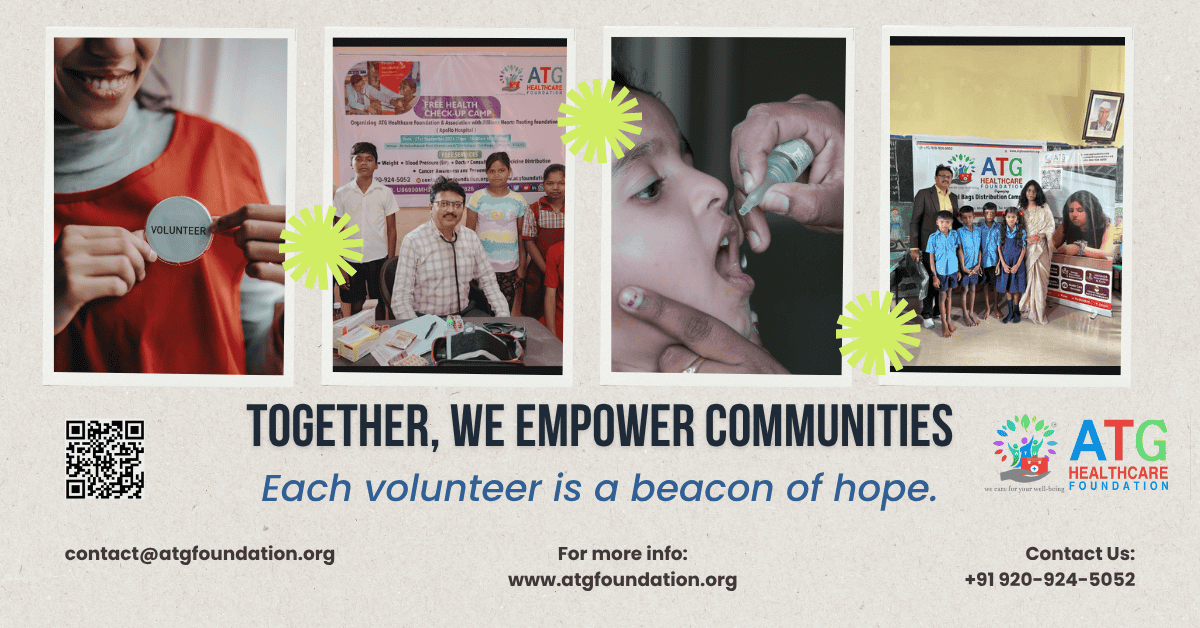 Collage of community volunteer efforts, including health check-ups, vaccination, and school supplies distribution by ATG Foundation.