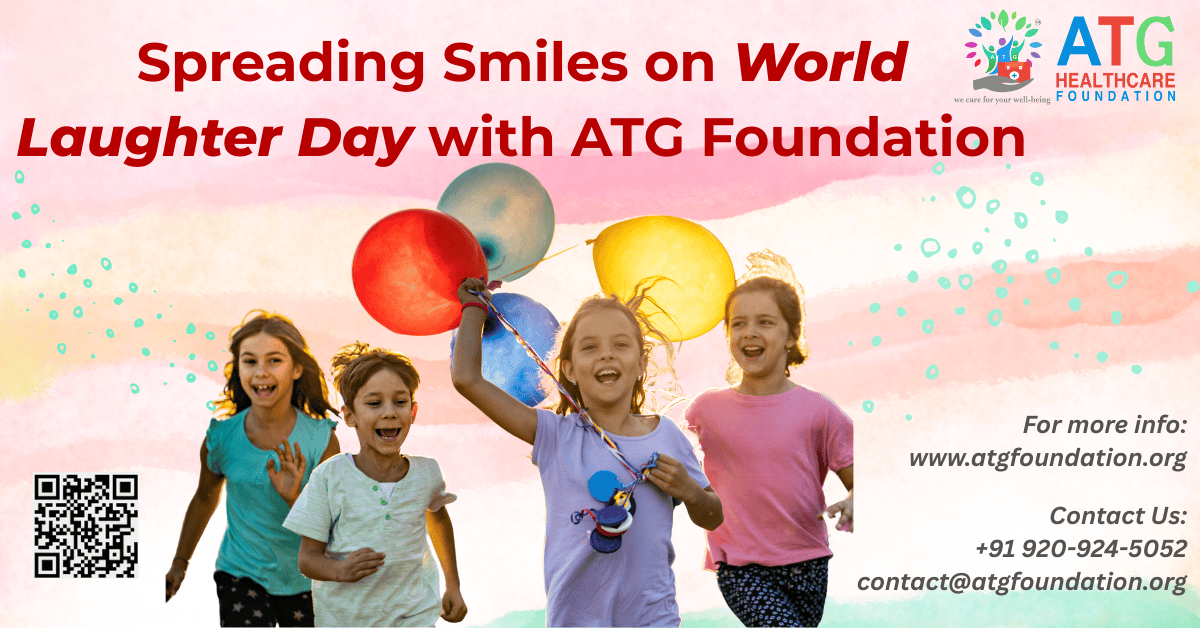 Group of happy children running with colorful balloons, celebrating World Laughter Day with ATG Foundation.