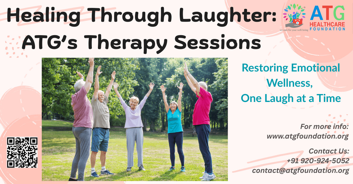 Elderly individuals participating in laughter therapy in a park, as part of ATG Foundation's mental wellness program.