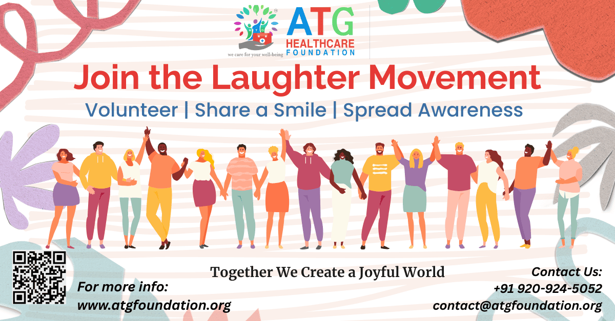 Illustration of a diverse group of people holding hands, promoting volunteering and smiles as part of ATG Foundation’s Laughter Movement.